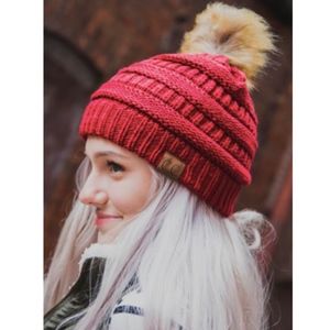 C.C Beanie Burgundy with Faux Fur Tan Pom NEW!